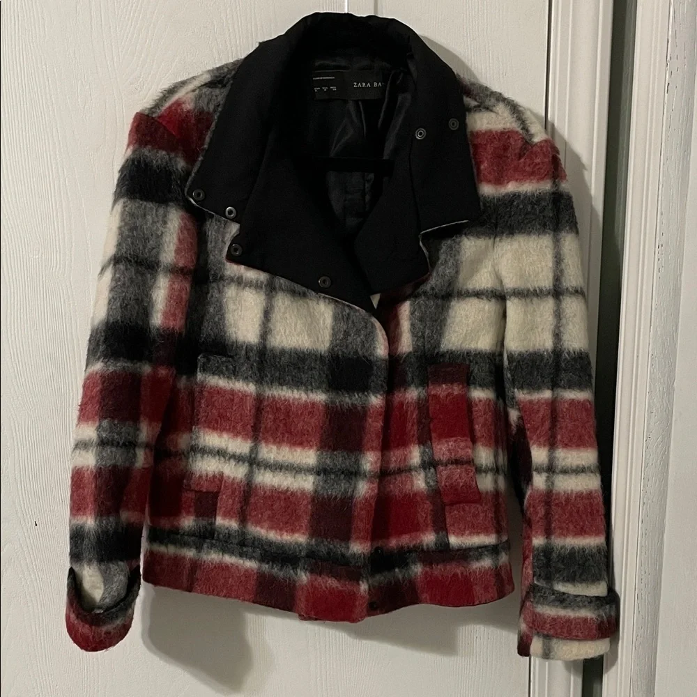 Zara Basic Like New Buffalo Plaid Red & Black Wool Mohair Teddy Jacket Medium - Picture 1 of 12